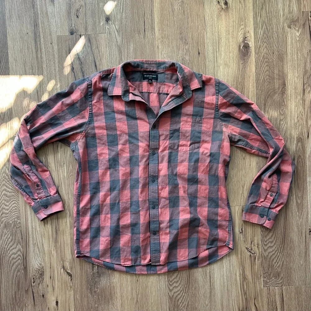Banana Republic Mens Slim Fit Buffalo Plaid Button Down Shirt‎ XL Red Grey
